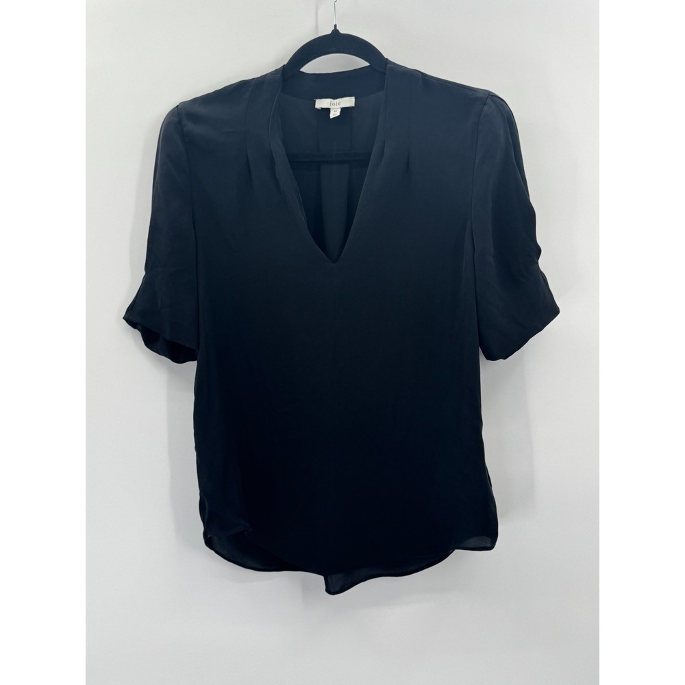 Joie Black Silk Short Puff Sleeve V-Neck Top Medium Capsule Minimalist Elegant